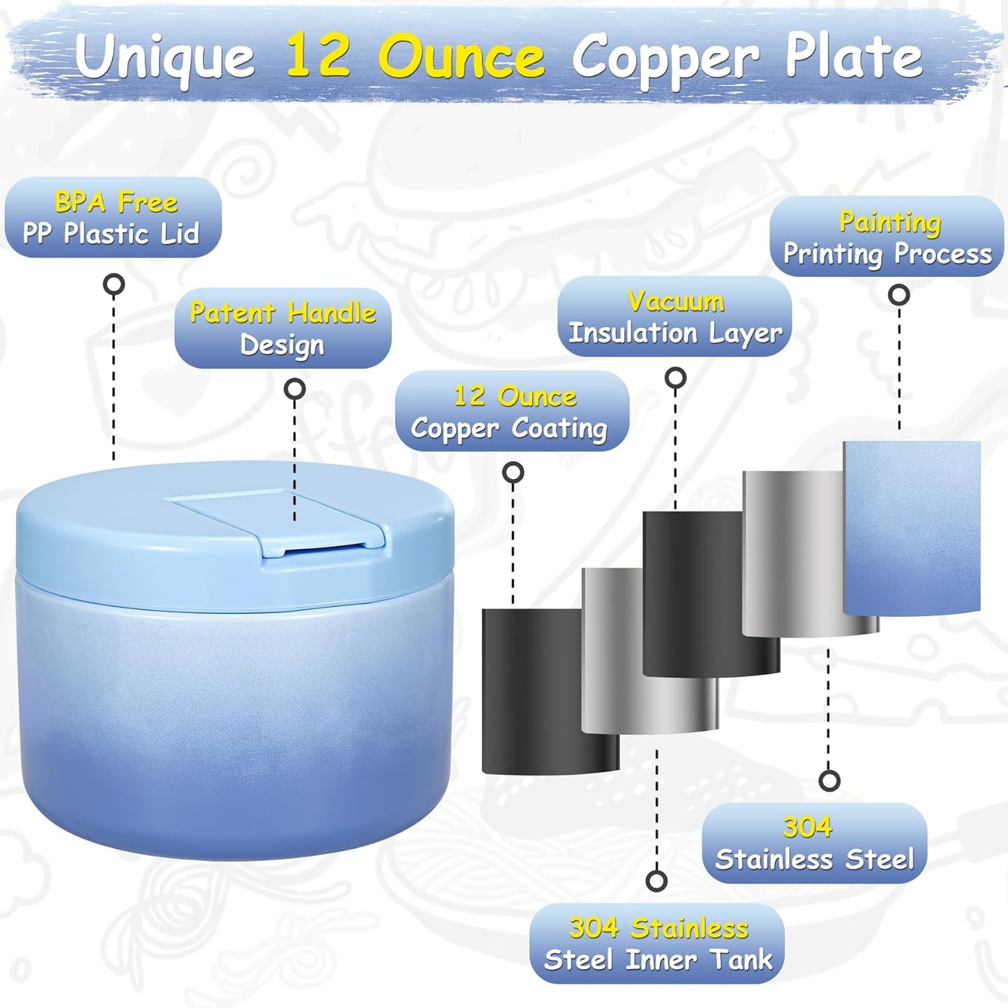 12oz Insulated Vacuum Food Jar with Buckle Lid Wide Mouth Soup Thermo for Hot Food Kids Leakproof Stainless Steel Lunch Container (Gradient Blue, 12OZ)