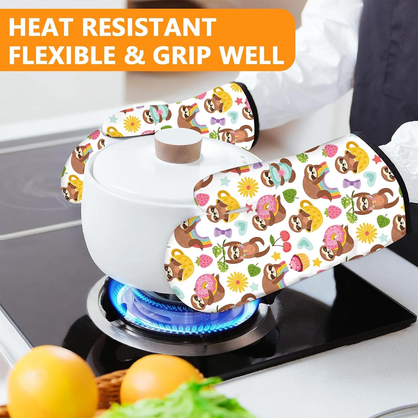 Cute Sloth Oven Mitts and Pot Holders Sets 4Pcs,Extra Long Oven Gloves Potholder for Kitchen Cooking Baking BBQ 100% Cotton Heat Resistant