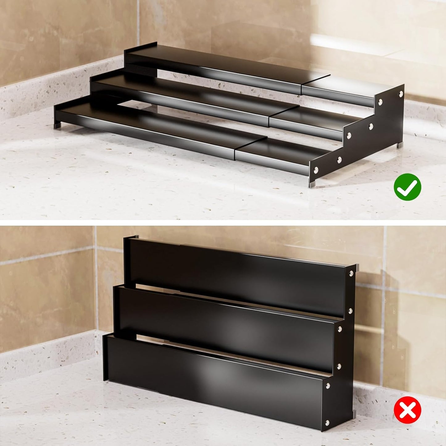 Premium Spice Rack Organizer for Countertops - 3-tier space-saving kitchen organizer for spice jars, oil bottles and utensils 2 Pakcs Black (modern rust-resistant design)