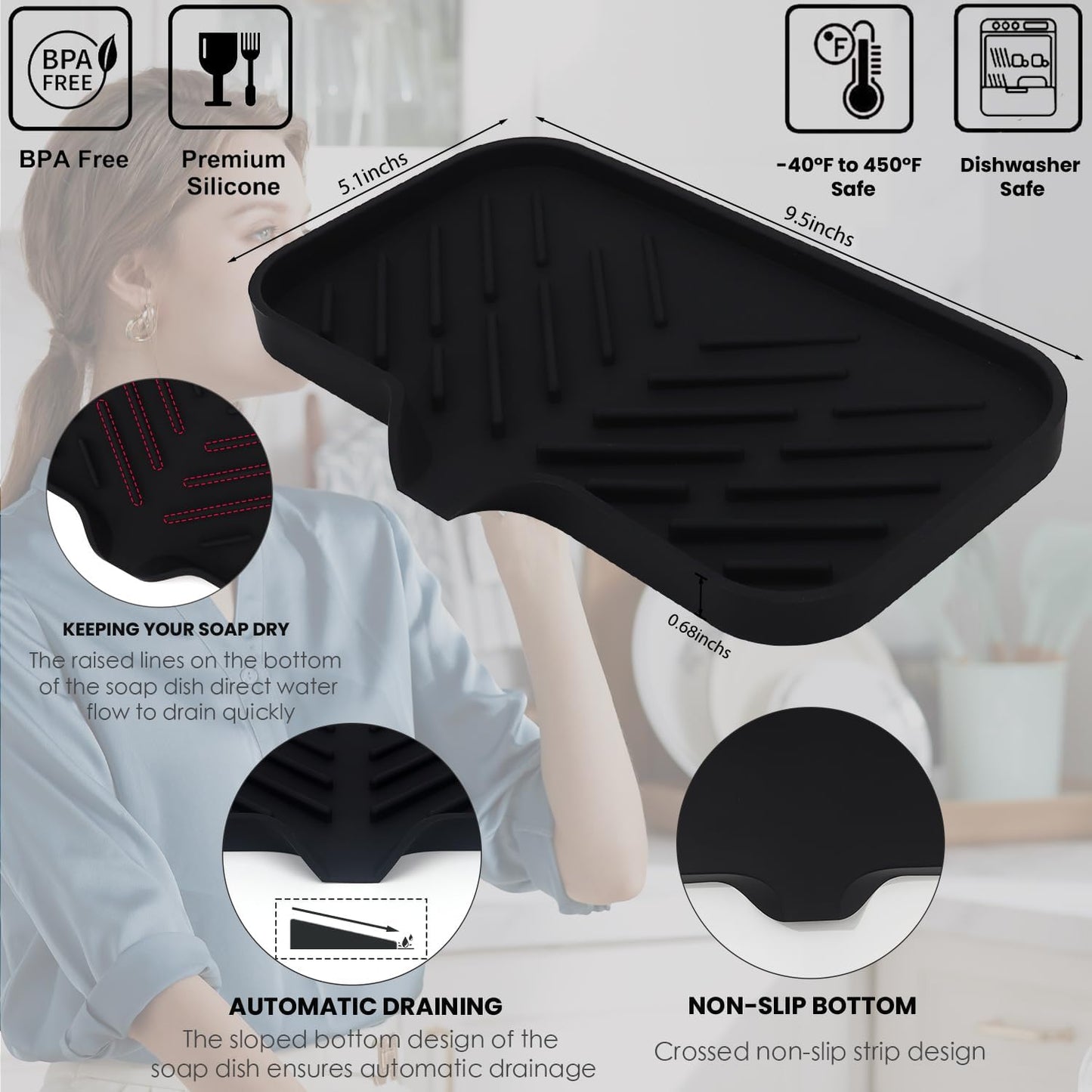 Yasmen Silicone Bathroom Soap Dishes, Sink Sponge Holder for Kitchen, Rubber Soap Dish with Drain, Shower Soap Sponge Tray, Sink or Counter Organizer, for Bar Soap, Bottle, Dish Soap Dispenser-Black