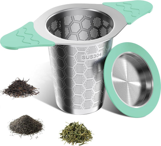 Tea Infuser for Loose Leaf Tea,18/8 Stainless Steel Tea Infuser with Heat Proof Silicone Handles,Extra Fine Mesh Tea Strainers Filter Fine Tea Leaves Effectively,Fits TeaPots/Mugs-Green