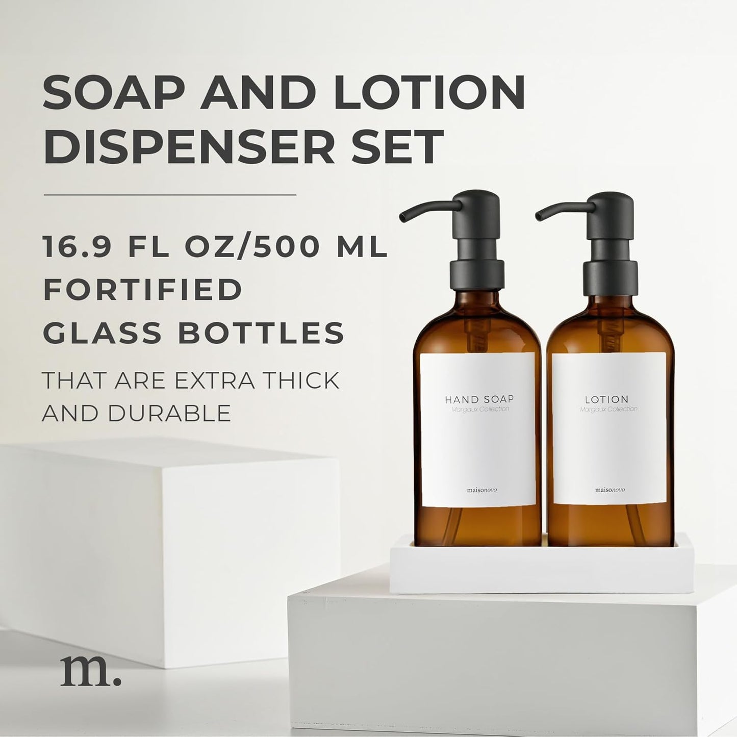 MaisoNovo Soap Dispenser 3-Piece Set | 16.9oz Amber Bottles with Black Stainless Steel Pumps