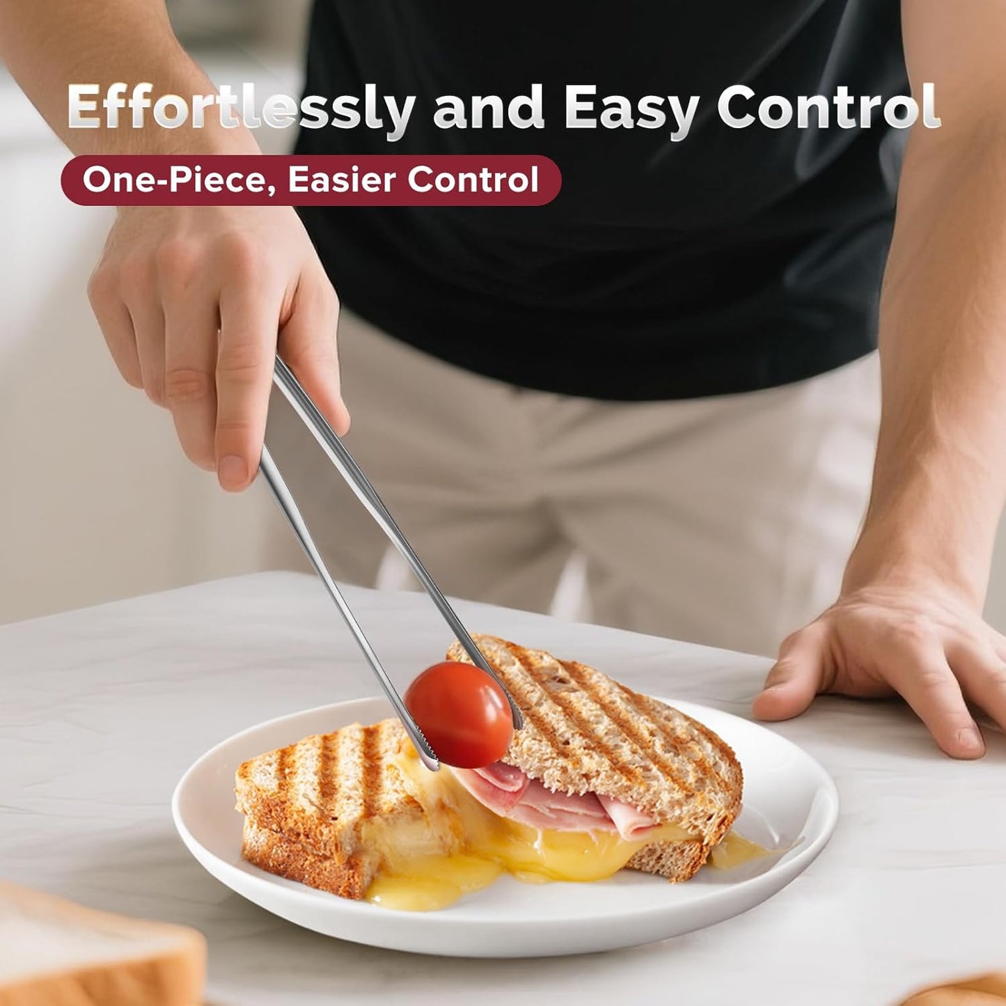 Precision Serrated Non-Slip Tips Cooking Tongs 2 Set (9" & 12"), One-Piece Easy to Control Stainless Steel Kitchen Tweezer Tongs, Multi-Purpose Food Tweezers for Baking, Food Plating, BBQ