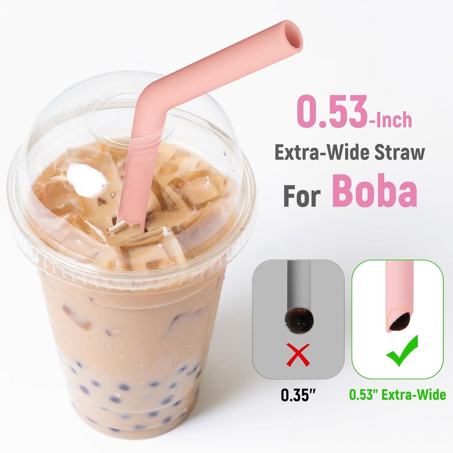 NiHome 6PCS Extra Wide Reusable Bent Silicone Straws for Boba, Smoothies, Bubble Tea, Eco-Friendly Bent Straws for Thick Drinks, Child-Safe, Customizable Length, 2 Brushes for Cleaning (Pink Gradient)