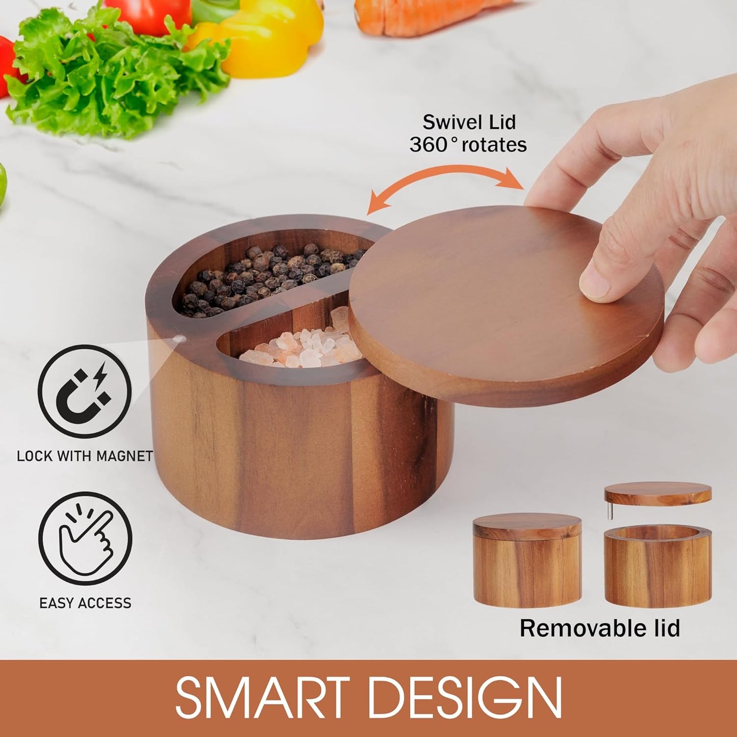 Demigo Duet Salt Cellar, 7.5 Ounces Acacia Salt Keeper Box with Two Compartments Secured by Magnetic & Swivel Lid, Spice Container for Kitchen Countertop Storing Pepper Oregano Powder Cinnamon