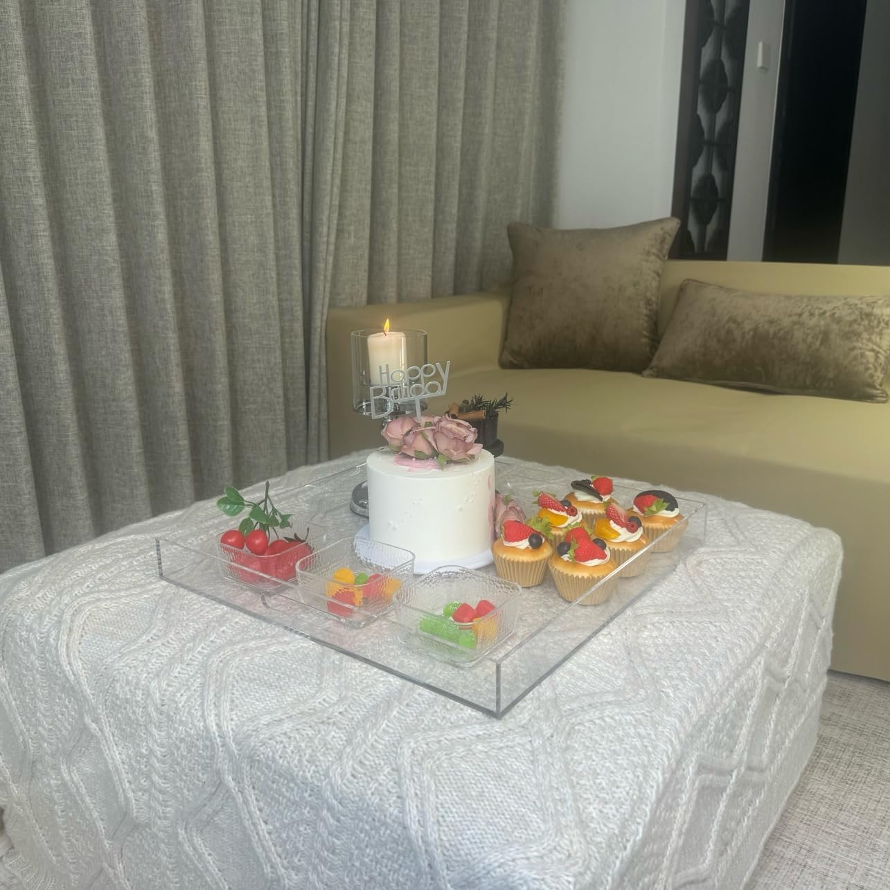 Clear extra large Ottoman Tray with Handles 18"x18"x2" Spill proof Acrylic Serving Tray Organizer Tray Decorative safe edge tray For Living Room Entryway Bedroom Kitchen Coffee Table coutertop