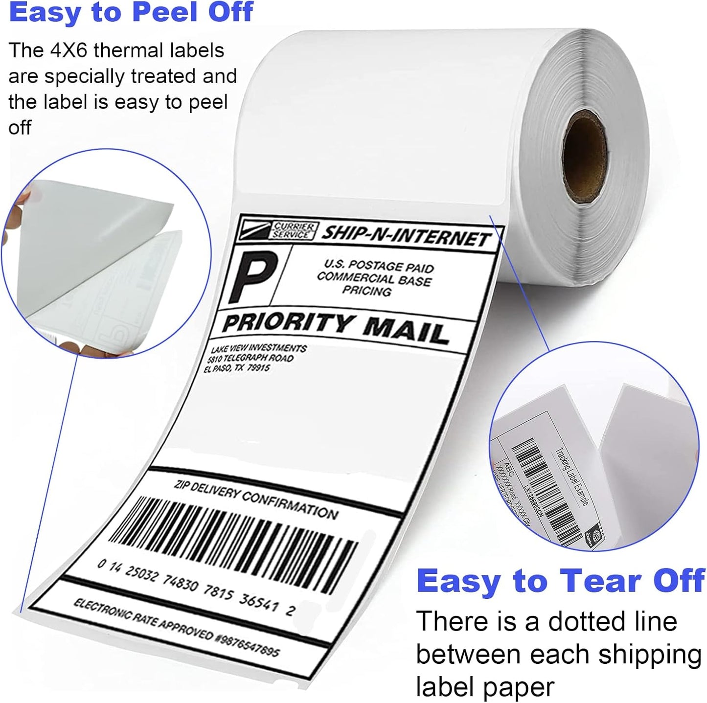 FungLam 100 Rolls 4x6 Direct Thermal Shipping Labels, 250 Labels Per Roll, 1" Core, Perforated, White Mailing Postage Shipping Label Compatible with Zebra 2844 ZP-450 ZP-500 ZP-505