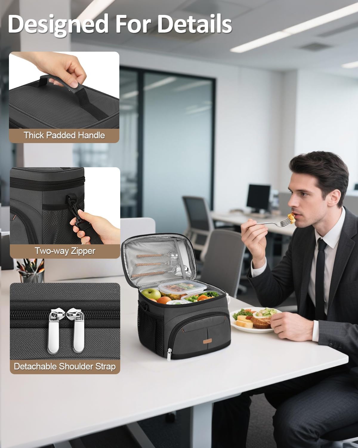 Lunch Box for Man Women, Insulated Lunch Bag Cooler Bag Leakproof Lunchbox Lunch Tote Bags with Removable Strap for Work School Picnic Travel (Grey/12L