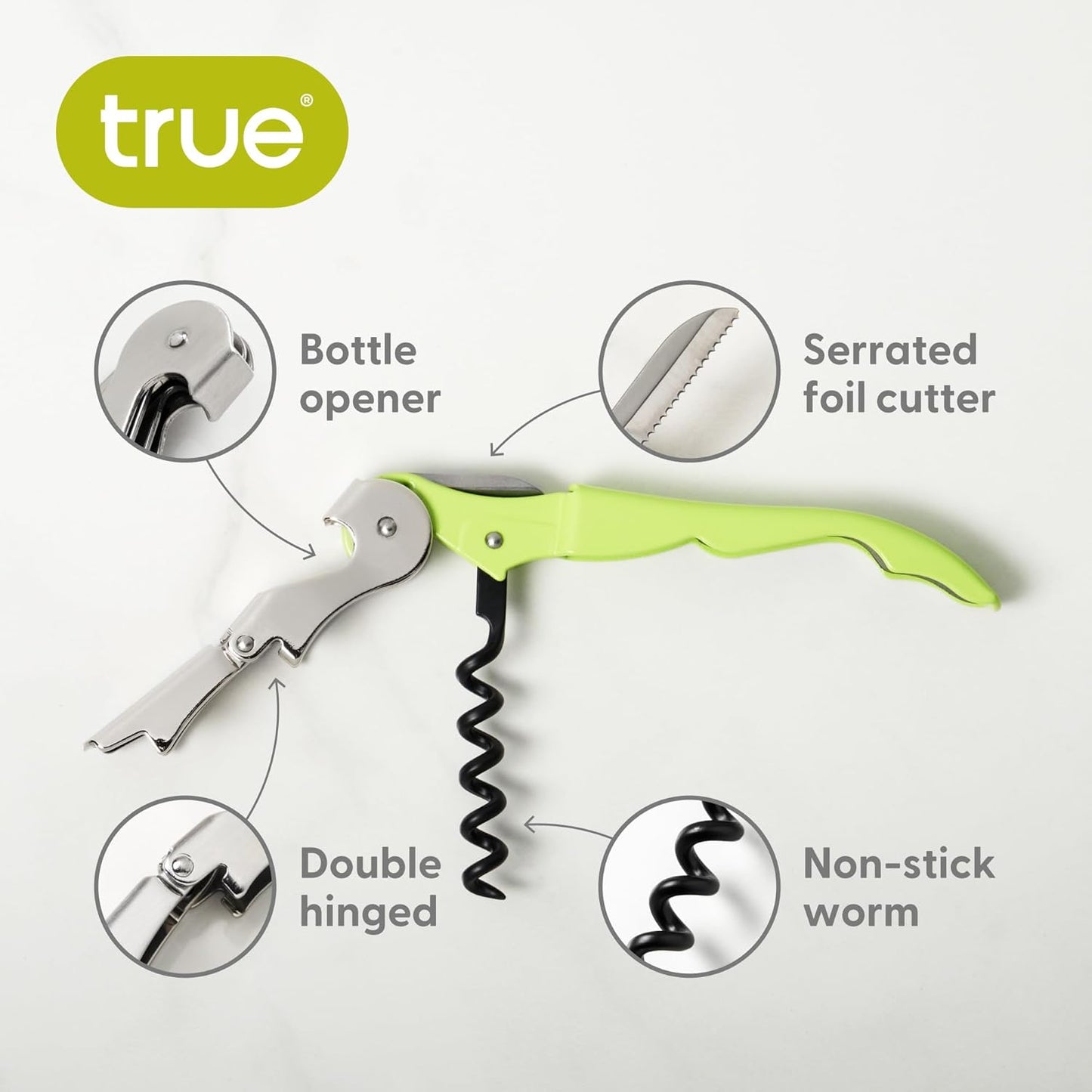 True Brands TrueTap Double Hinged Waiters Corkscrew, Top-notch Stainless Steel Opener with Foil Cutter Built to Last Wine Key Lime Green, Set of 1