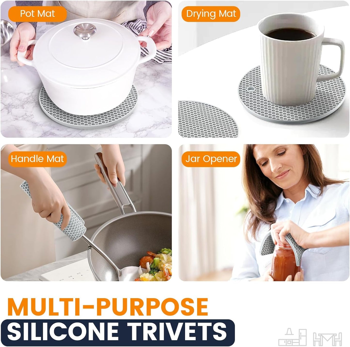 Silicone Trivet Mats 4 Heat Resistant Pot Holders Multipurpose Non-Slip Hot Pads for Kitchen Potholders, Drying mat, Jar Opener, Spoon Holder, Coaster(Nordic Grey)