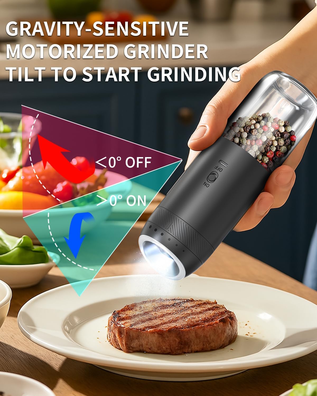 CIRCLE JOY Gravity Electric Salt and Pepper Grinder Set Rechargeable Automatic Pepper Mill Grinders with 176ml Container, External Adjustable Coarseness, Bright LED Light and One Hand Operation, Black