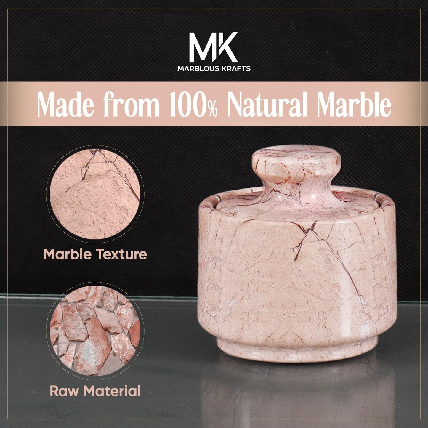 Marble Salt Cellar with Lid 3" Marinara Stone Salt Holder for Counter, Spice Jar, Salt Box, & Stone Salt Container, Salt & Spice Jar