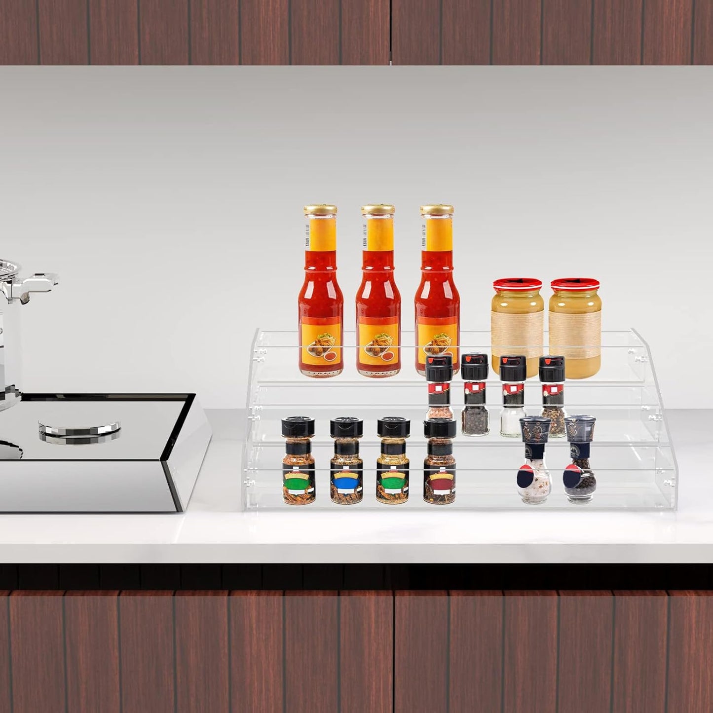 PMMASTO Widen Tiered Spice Rack, Seasoning Organizer, Clear Acrylic Vertical Shelves Can Organizer for Countertop, Cabinet, Pantry, Kitchen Organization and Storage - 3 Tier