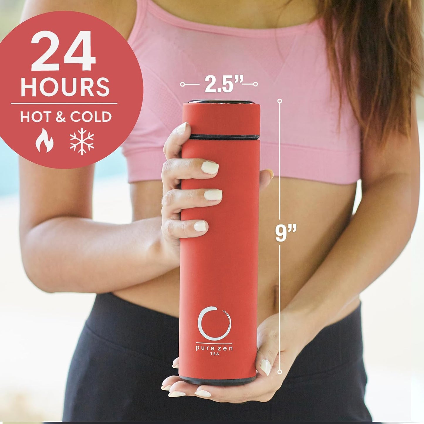 Pure Zen Tea Thermos with Infuser for Hot and Cold Infusions - Stainless Steel - Tea Infuser Bottle - Leakproof Travel Mug with Filter - 15oz - Red