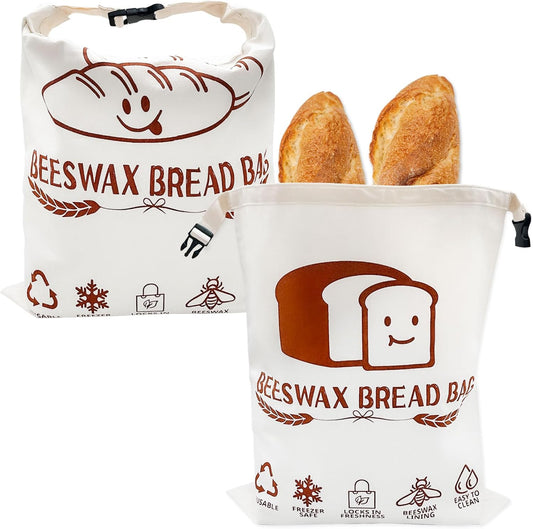 Beeswax Bead Bags, 2 Pack XL Reusable Bread Bags for Homemade Bread, Cute Design Linen Food Storage for Sourdough Homemade Loaf