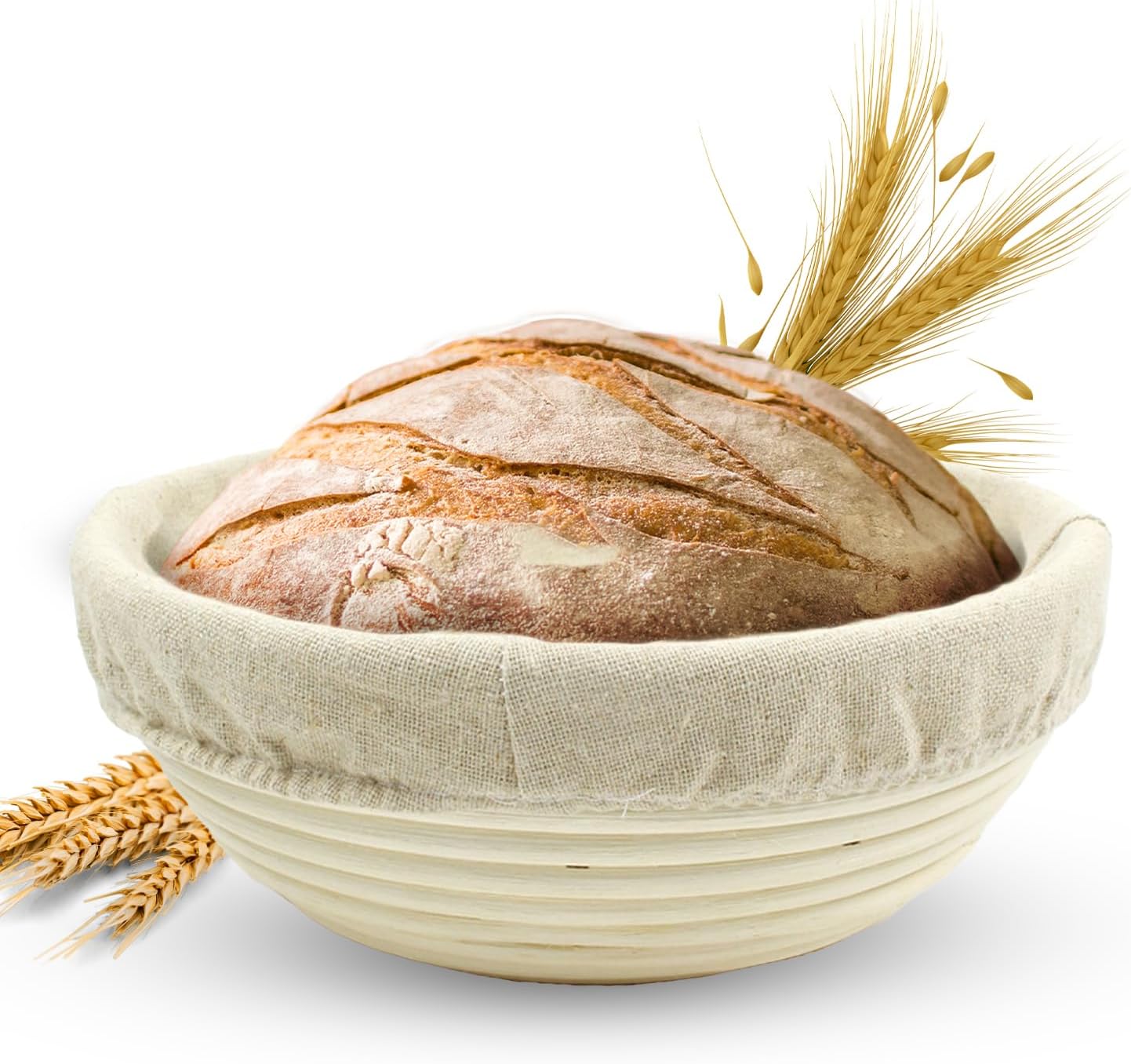 Banneton Bread Proofing Basket Sourdough Proofing Basket for Beginners & Professional Bakers, Handwoven Rattan Cane Bread Maker with Linen for Artisan Breads, 11 x 3.5 Inch, 3-Pound Round