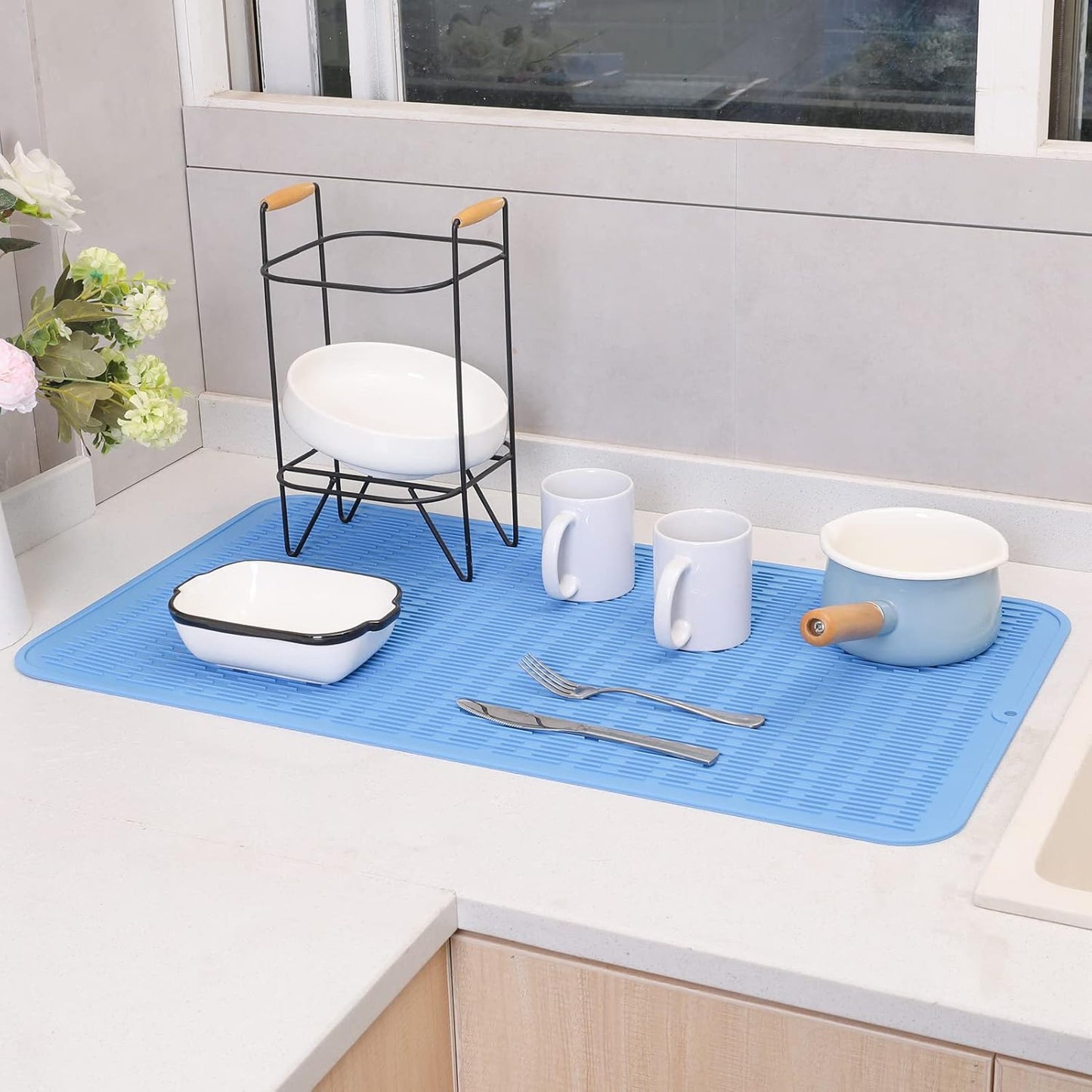 Silicone Dish Drying Mat for Multiple Usage,Easy clean,Eco-friendly,Heat-resistant Silicone Mat for Kitchen Counter or Sink,Refrigerator or Drawer Liner Lichen BlueL 4XL 32 inches x 18 inches