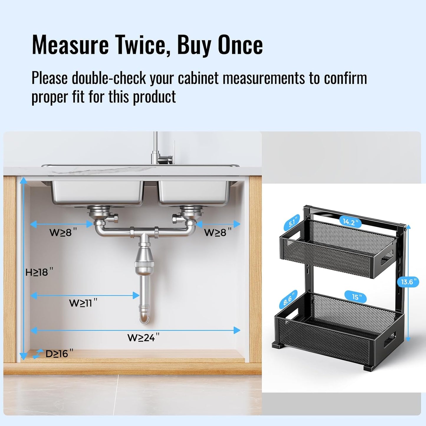 2-Tier Under Sink Organizer, Silk-Smooth Metal Sliding Drawer Organizers and Storage Rack, Pull Out Cabinet Shelf for Kitchen, Bathroom, Pantry, Cabinet, Closet