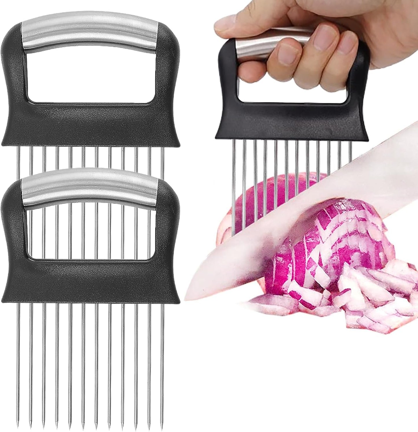 Suuker Onion Holder for Slicing, 2 Pieces Large Onion Cutter Vegetable Chopper, Stainless Steel Tomato Slicer for Potato Lemon, Meat Tenderizer Tool, Kitchen Food Slicer Guide for Neat Slicing