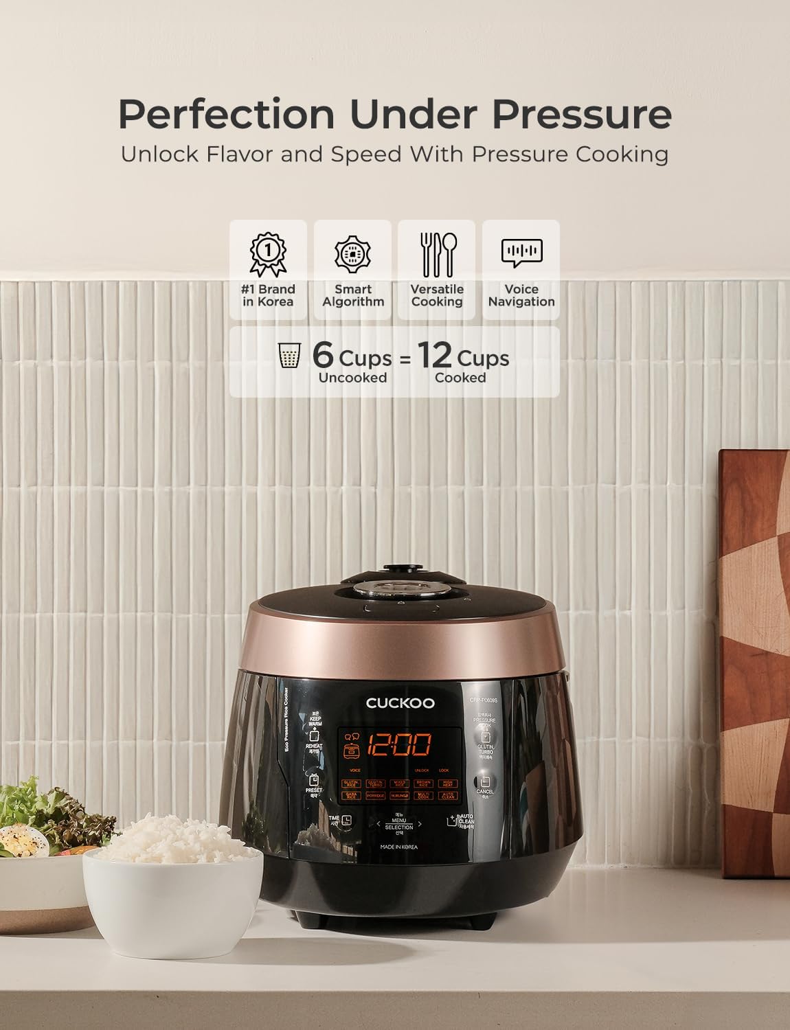 CUCKOO CRP-P0609S 6-Cup (Uncooked) / 12-Cup (Cooked) High Pressure Rice Cooker & Warmer with Nonstick Inner Pot, 12 Menu Options, Fuzzy Logic Tech, 3 Voice Guide, Auto Clean (Black/Copper)