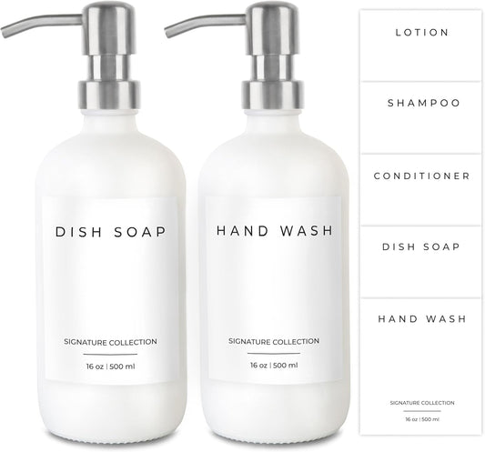 Emerson Essentials Soap Dispenser, Dish Soap for Kitchen - Hand Dispenser Bathroom Set, Kitchen Set Glass Soap Bottles with Pump and Labels, 16 Oz, 2 Pack