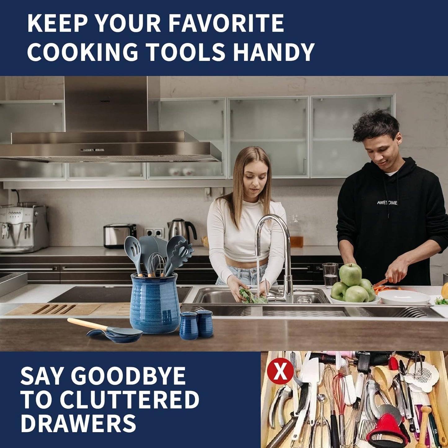 Hasense Large Utensil Holder Crock for Kitchen Counter, 7.1" Ceramic Cooking Utensil Organizer for Countertop, Farmhouse Vintage Utensil Caddy for Spatula Spoon, Rustic Home Table Decor, Blue