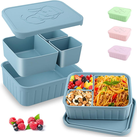 Bento Lunch Box for Kids-Reusable Silicone Kids Bento Box Lunch Container Leakproof Lunchbox Meal Prep Food Storage Containers with 3 Removable Compartments–Dishwasher Safe/BPA Free/Portion Control