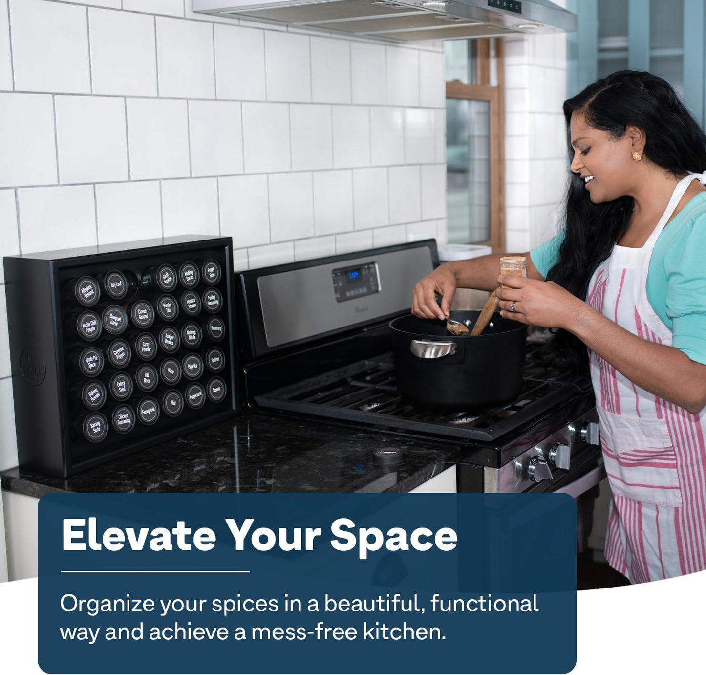 AllSpice Spice Rack Organizer, Wood, 525 Unique Labels, Countertop or Wall Mount, Includes 60 4oz Jars- Matte Black