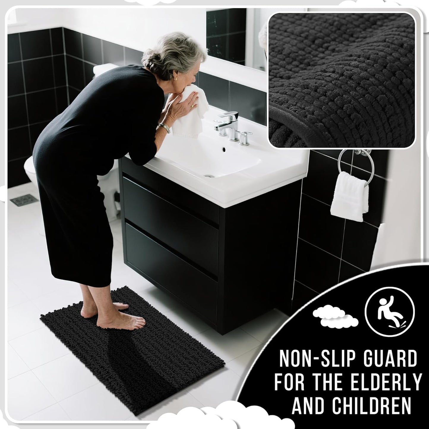 Yimobra Bathroom Rugs Non Slip Washable 32x20 Inch - Ultra Soft Absorbent Chenille Bath Mat, Quick Dry Shaggy Floor Carpet for Tub Shower, Black Home Decor Accessories