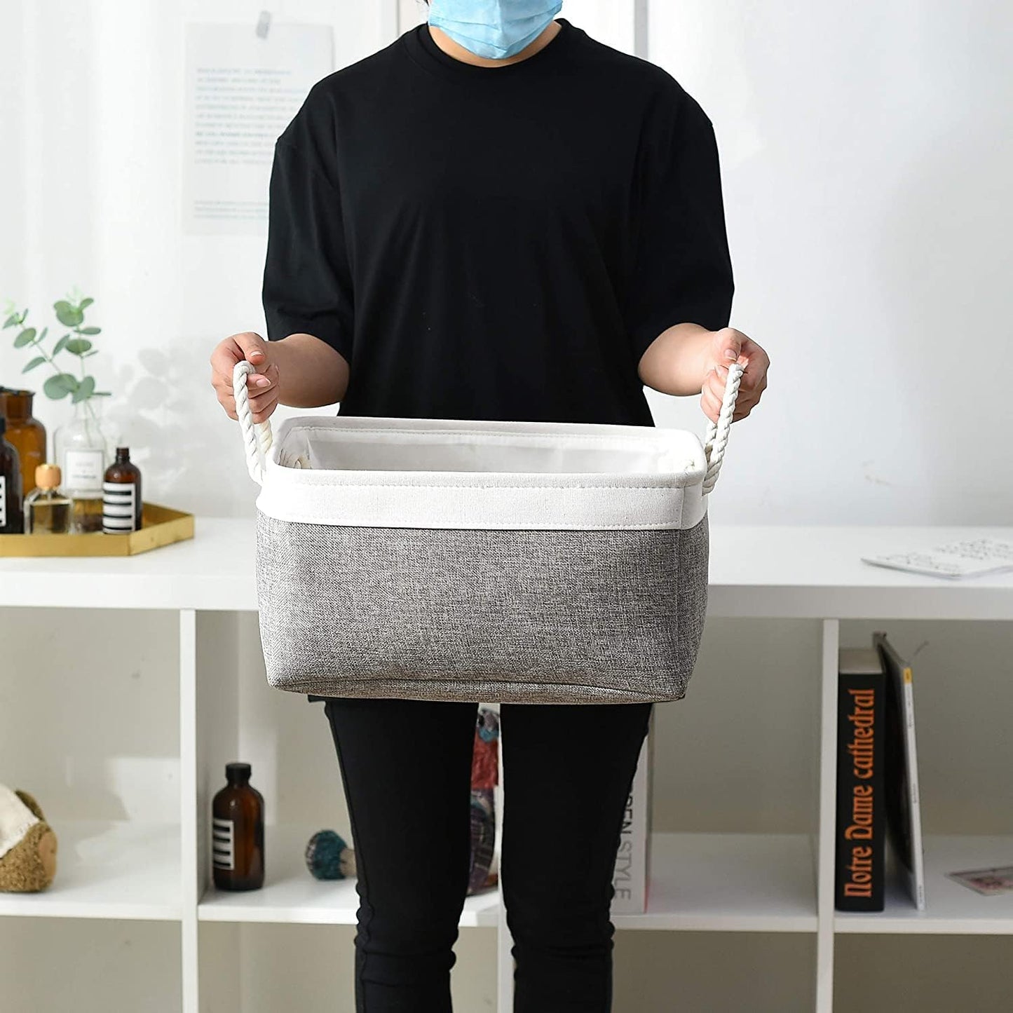 TheWarmHome Storage Basket for Organizing - 15.7x11.8x8.2 inch Large 3 Pack Collapsible Storage Bins for Shelves, Fabric Storage Cubes for Gift Closet Linen Organization (White & Grey)