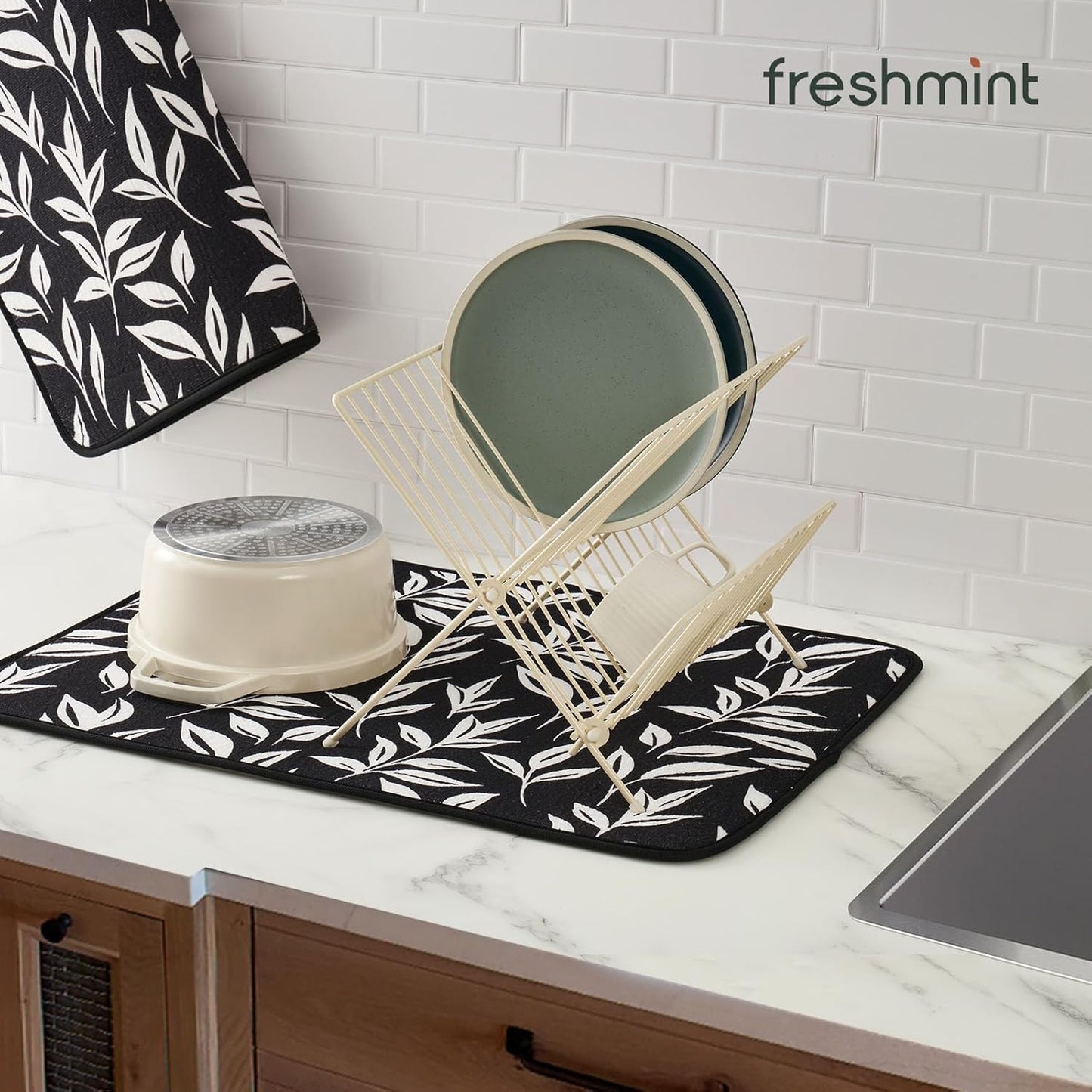 FRESHMINT Printed Dish Drying Mats for Kitchen Counter 2 Pack Absorbent Reversible Drying Mats Microfiber Kitchen Countertop Protector Dishes Drying Pad Extra Large 18"x24" Dish Mat