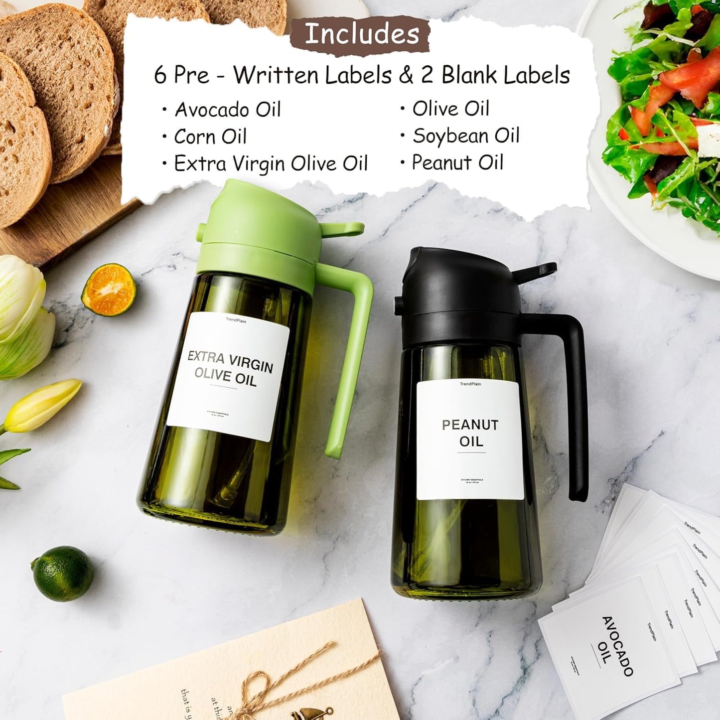TrendPlain - Original 16oz/470ml Olive Oil Dispenser Bottle for Kitchen Gadgets and Air Fryer Accessories - Olive Oil Sprayer for Cooking w/Stickers - Yellow
