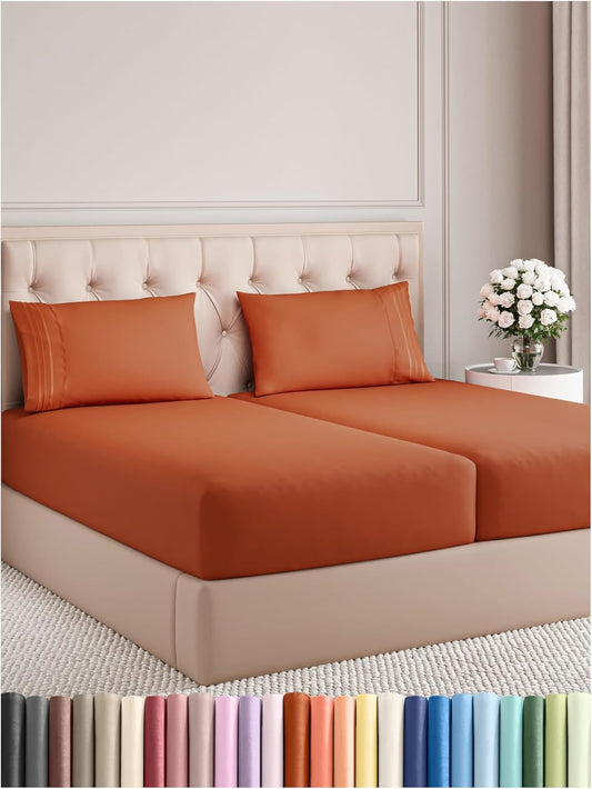 Split King Size 5 Piece Sheet Set - Comfy Breathable & Cooling Bed Sheets Set - Hotel Luxury Bedding for Women, Men, Kids, Teens, Boys & Girls - Deep Pockets and Wrinkle Free - Oeko-Tex - Terracotta