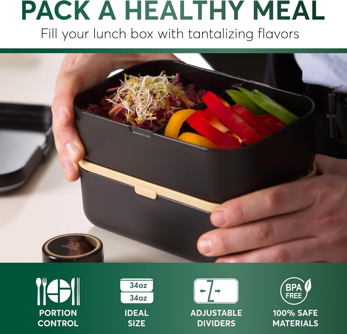 Umami Bento Box Adult All-In-1 w/4 Utensils, 2 Sauce Jars 2 Dividers, Bamboo Lid, 100% Leakproof, Microwave & Dishwasher Safe Stackable Bento Lunch Box Containers for Men/Women, Black Beige, 68 oz