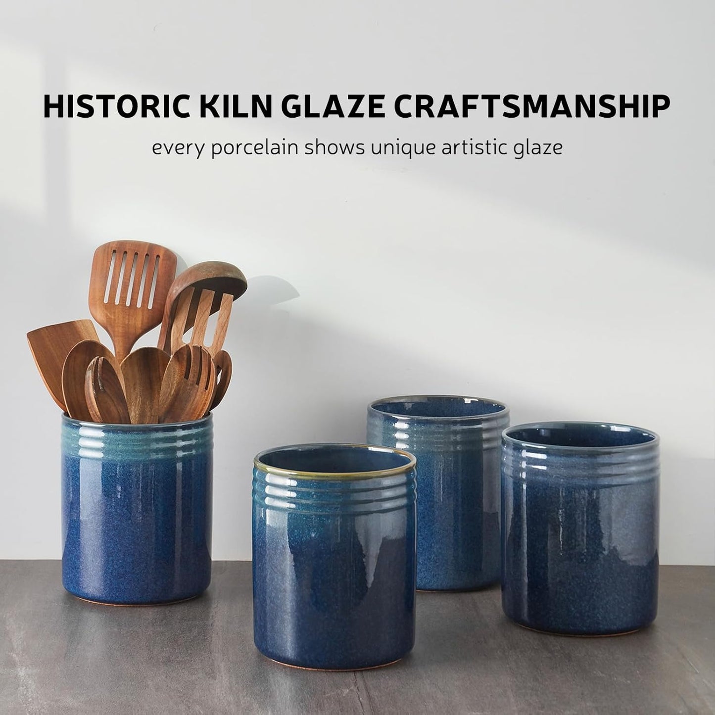 DOWAN 7.2" Kitchen Utensil Holder, Extra Large Farmhouse Utensil Holders for Countertop, Ceramic Utensil Crock, Anti Slip Cork Bottom (Multicolor, 7.2 Inch)