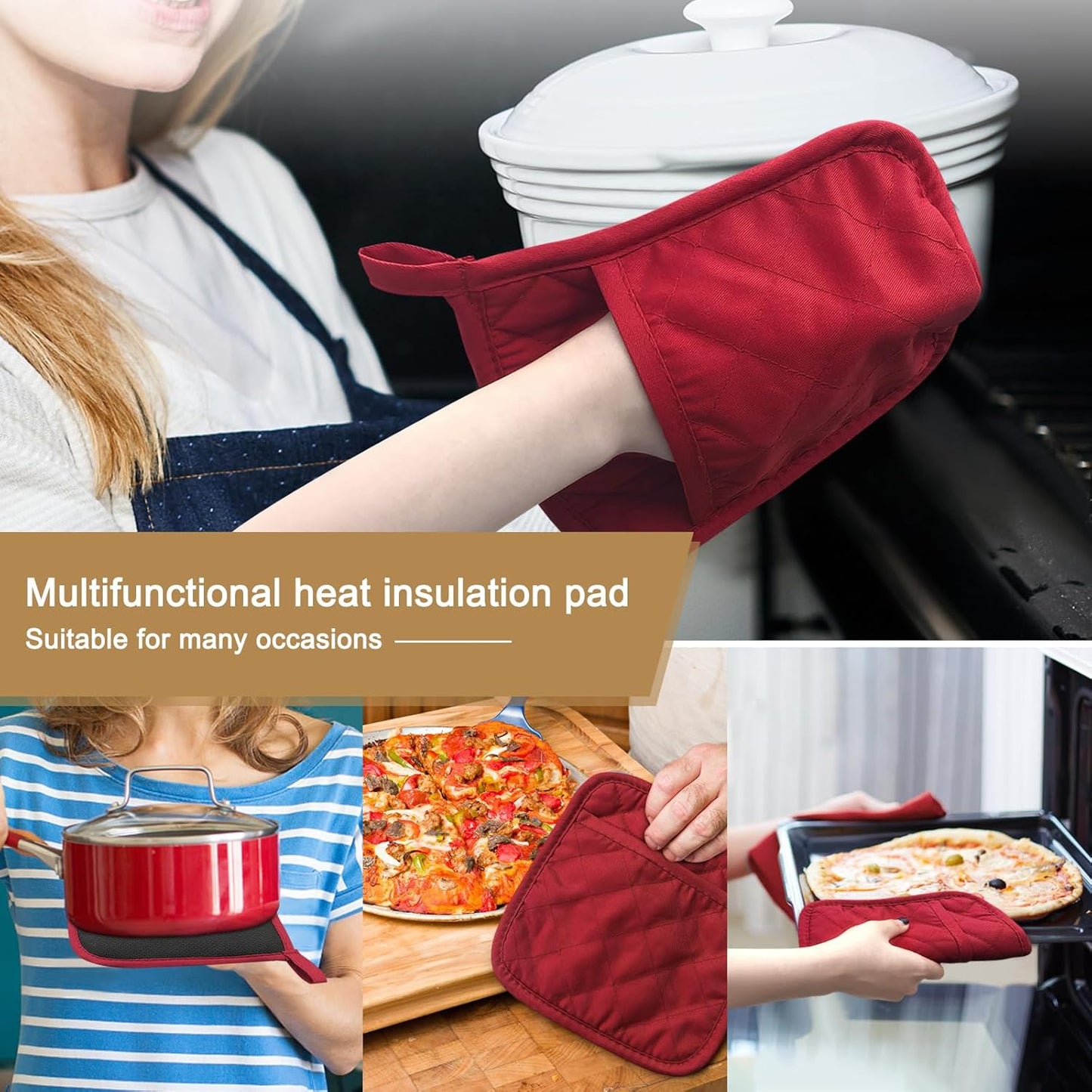 Cotton and Neoprene Oven Pads Pot Holders with Pocket 8"x8.5" Dual-Function Hot Pad Set for Finger Hand Wrist Protection Heat Resistant to 428°F Red