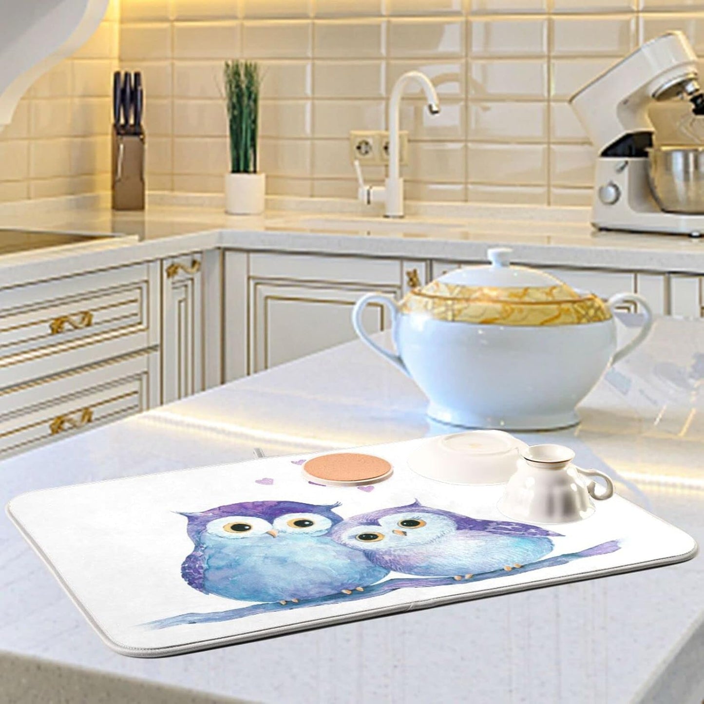 Cute Owl Dish Drying Mat for Kitchen Counter Absorbent Microfiber Drying Pad, Medium 16x18 in, Reversible Drainer Mats