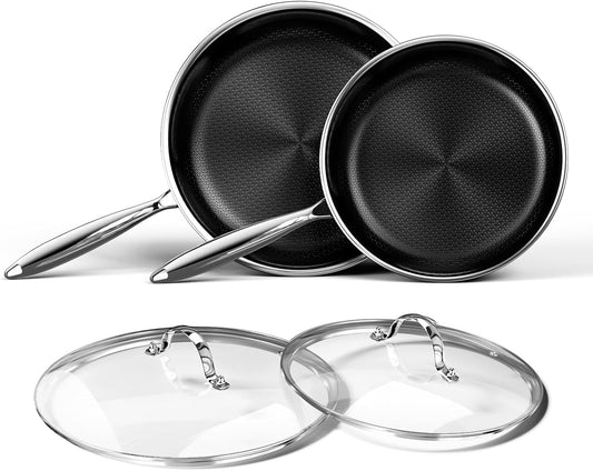 Stainless Steel Frying Pan with Lid - Titanium Ceramics Stainless Steel Nonstick Frying Pan Set, 10 Inch&12 Inch Safe Non Stick Skillet Egg Omelete Pan Set, Induction Compatible, PFOA, PFAS, PTFE Free