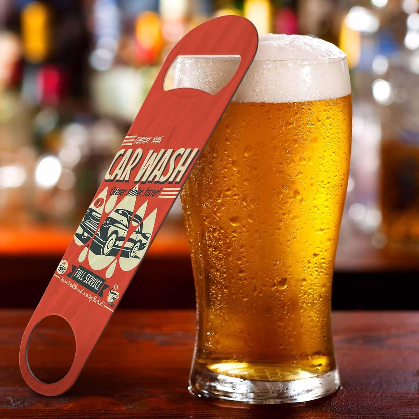 Retro Car Wash Sign Stainless Steel Bottle Opener Wash Cleaner Shinier Faster Full Service Vintage Auto Machine Flat Beer Bottle Opener Keychain for Home Kitchen Bar Restaurant Party Gift