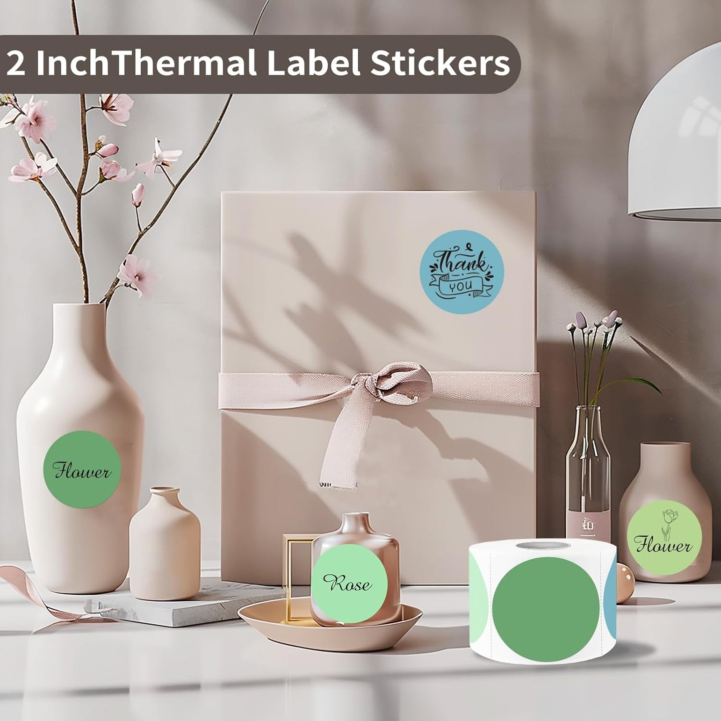 Thermal Label,2 Inch Green Gradient Round Thermal Printer Stickers,Self-Adhesive Round Direct Thermal Labels,Thermal Stickers for DIY Logo Design,Name Tag (500 Labels/1 Roll)