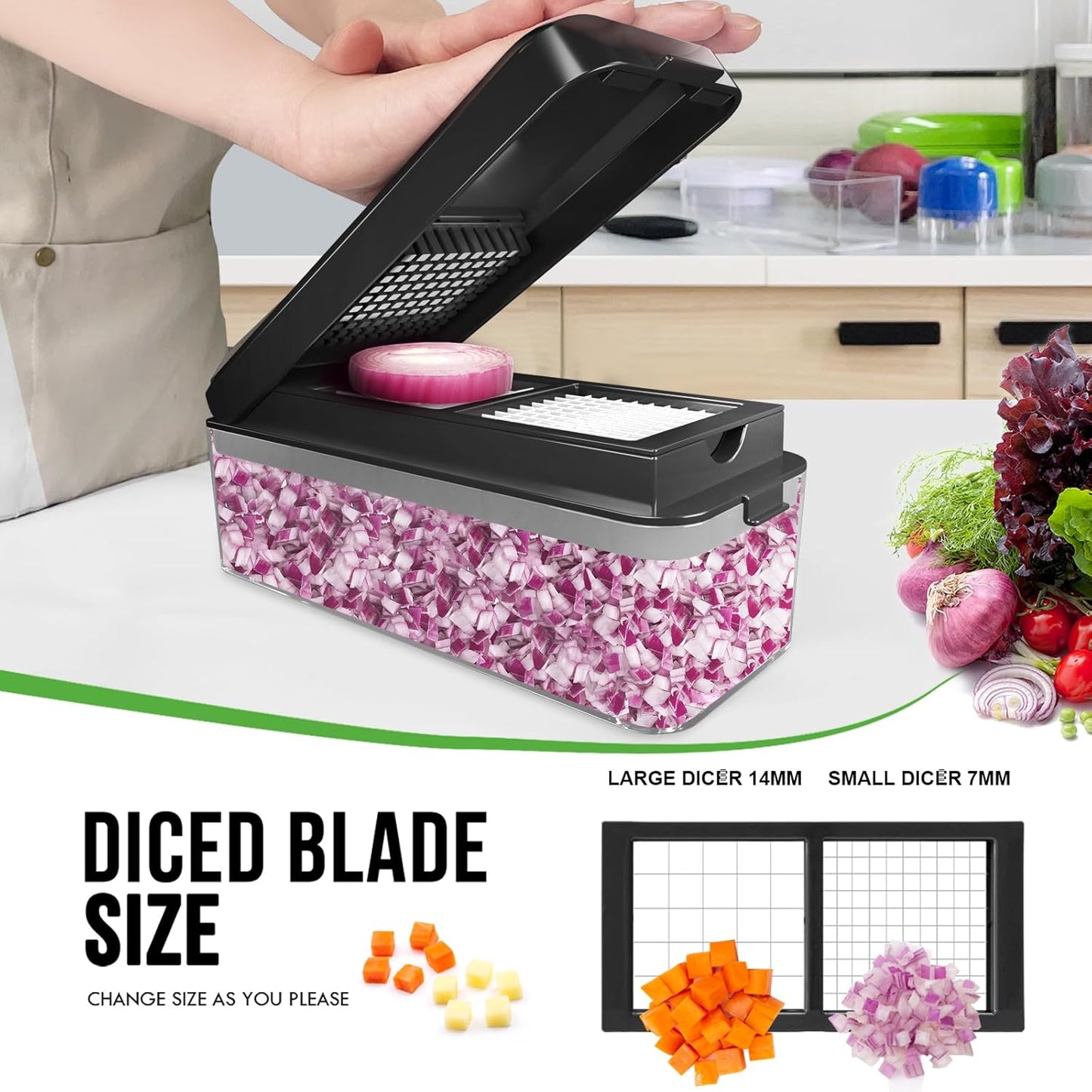 Vegetable Chopper, Onion Chopper Dicer, Mandoline Slicer, Food Chopper with Container, Vegetable Cutter for Salad Potato Carrot Garlic（2 Blades, Black）