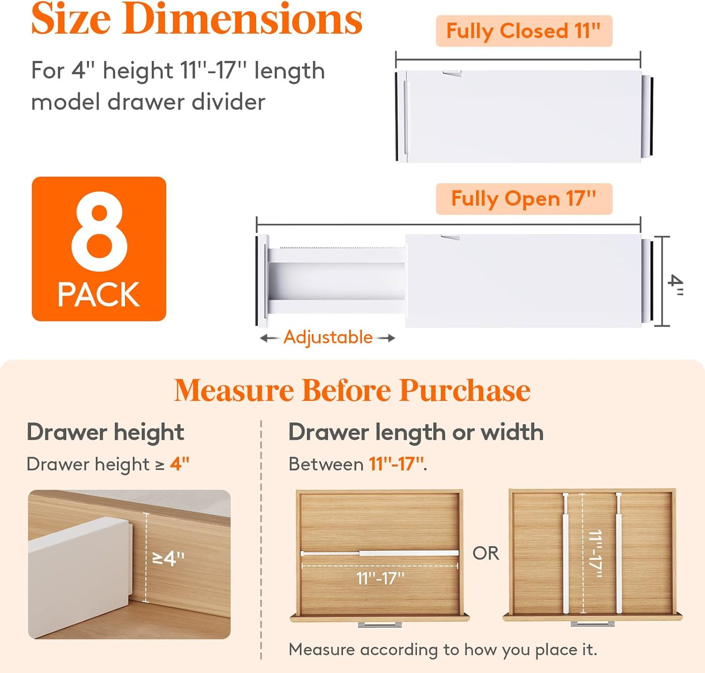 Lifewit 8 Pack Drawer Dividers 4" High,11-17" Adjustable Dresser Drawer Organizers for Clothes, Expandable Dresser Separators in Bedroom/Bathroom/Kitchen/Vanity/Office Organization and Storage, White