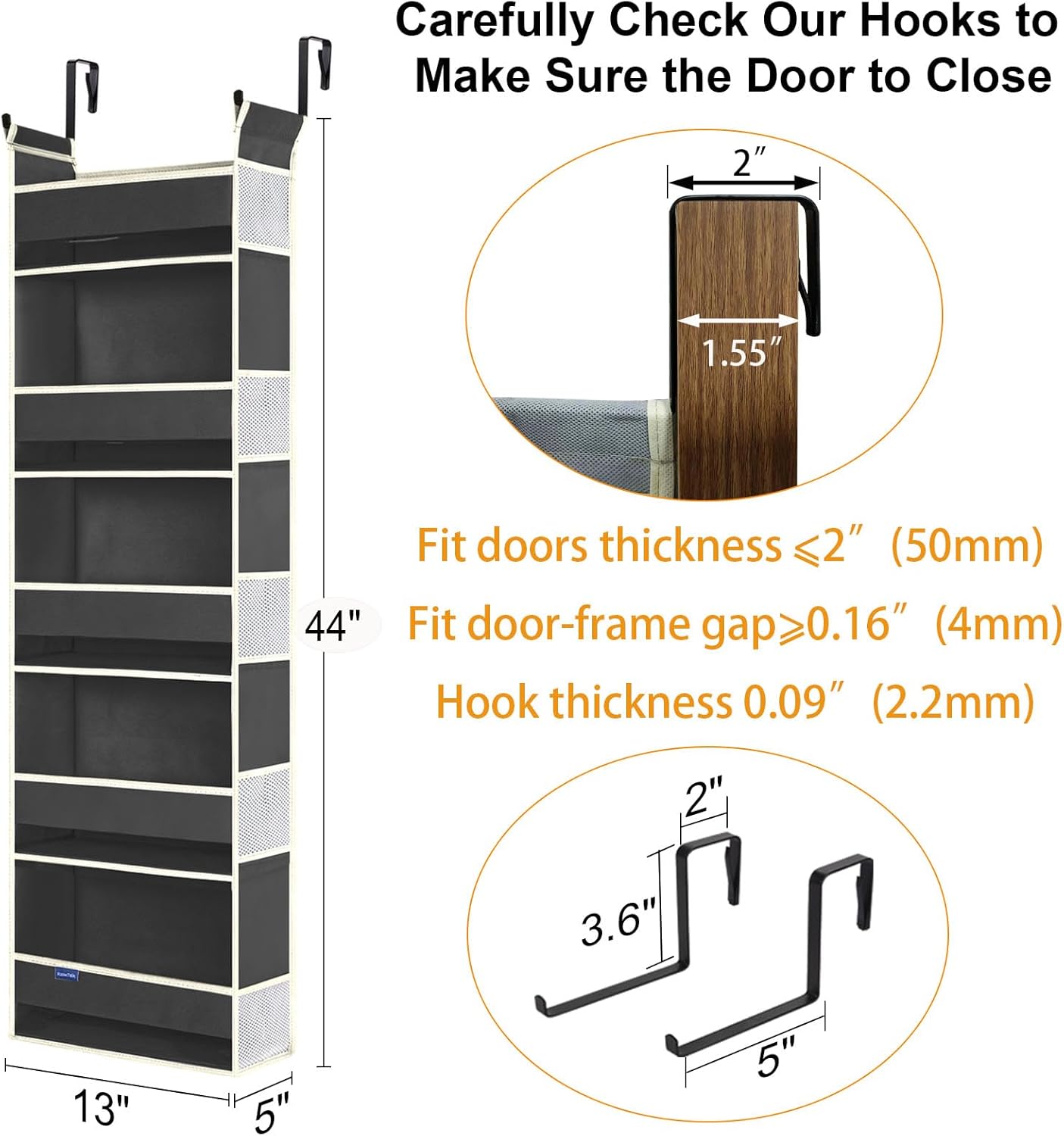 Over The Door Hanging Organizer 5-Shelves and 10 Side Pockets, Over The Door Storage for Bathroom and Bedroom, Back of Door Organizers for Baby Accessories and Kid's Toys (13"x5"x44", Black)