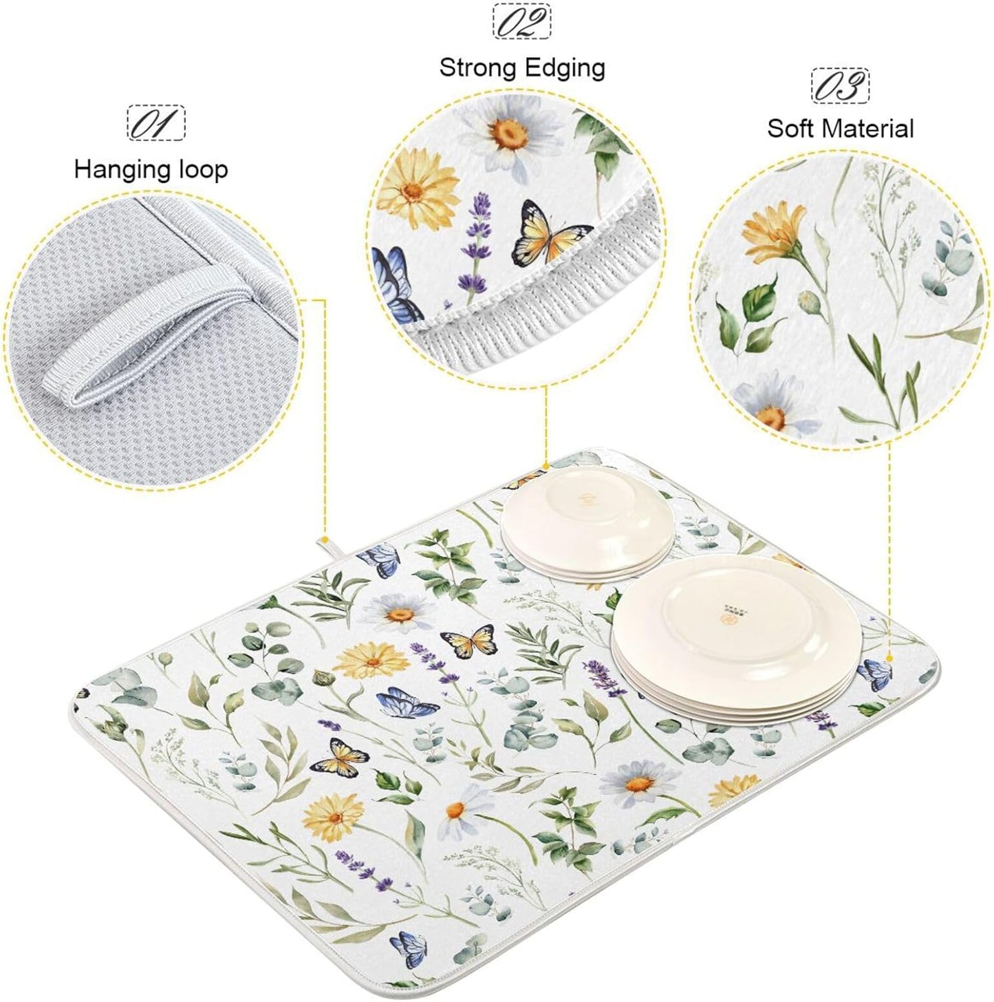 Wildflowers Butterflies Botanical Leaves Dish Drying Mat for Kitchen Counter Absorbent Microfiber Drying Pad, Medium 16x18 in, Reversible Drainer Mats