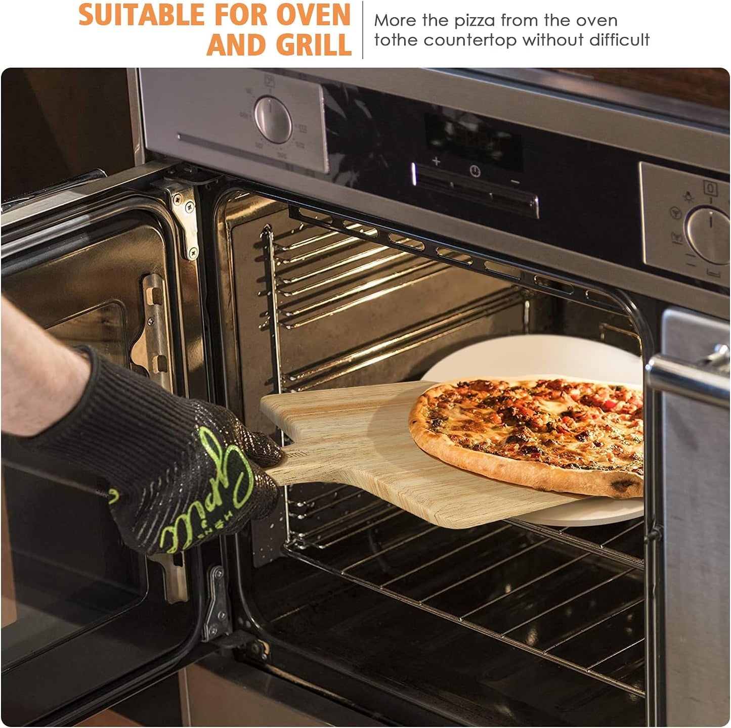 5 PCS Round Pizza Stone Set, 13" Pizza Stone for Oven and Grill with Pizza Peel(OAK),Serving Rack, Pizza Cutter & 10pcs Cooking Paper for Free, Baking Stone for Pizza, Bread