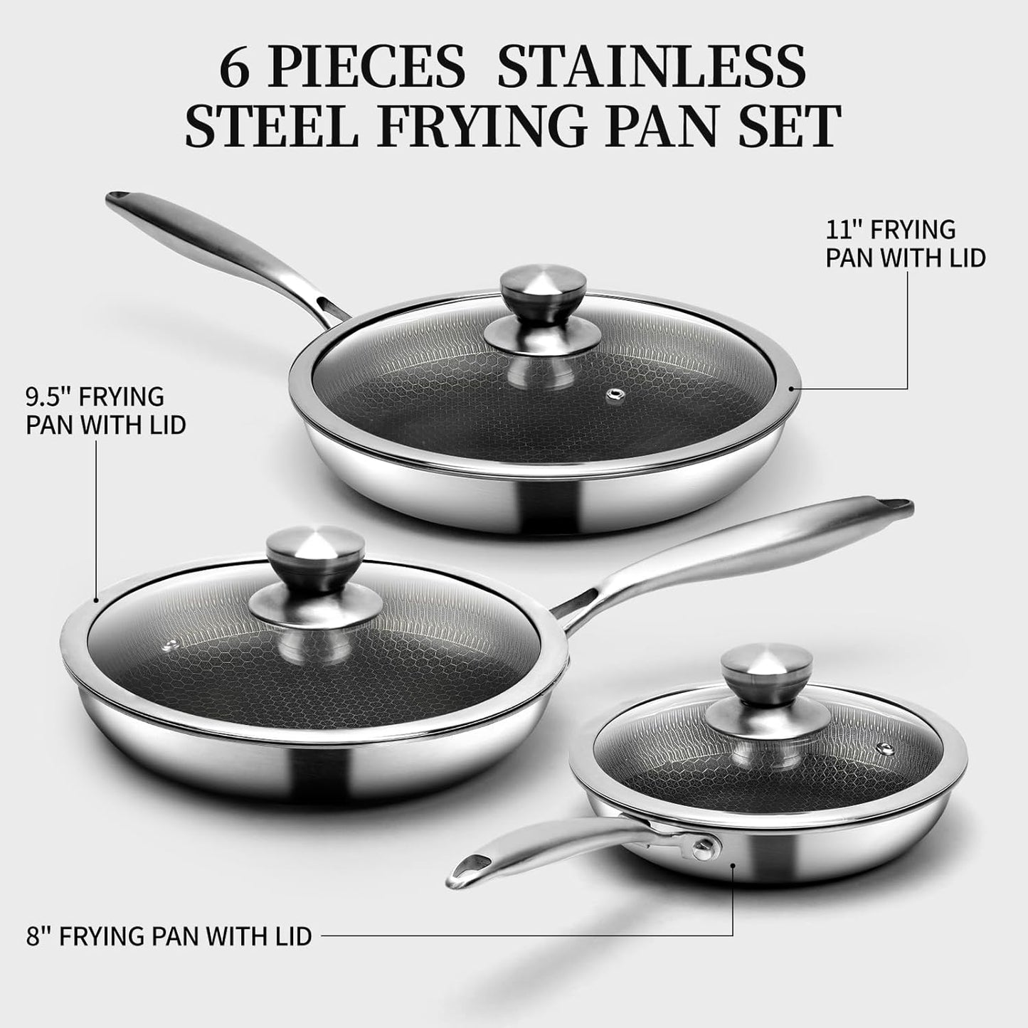 6-Piece Stainless Steel Frying Pan Set with Lids, Honeycomb Nonstick, Induction Compatible, PFOA Free