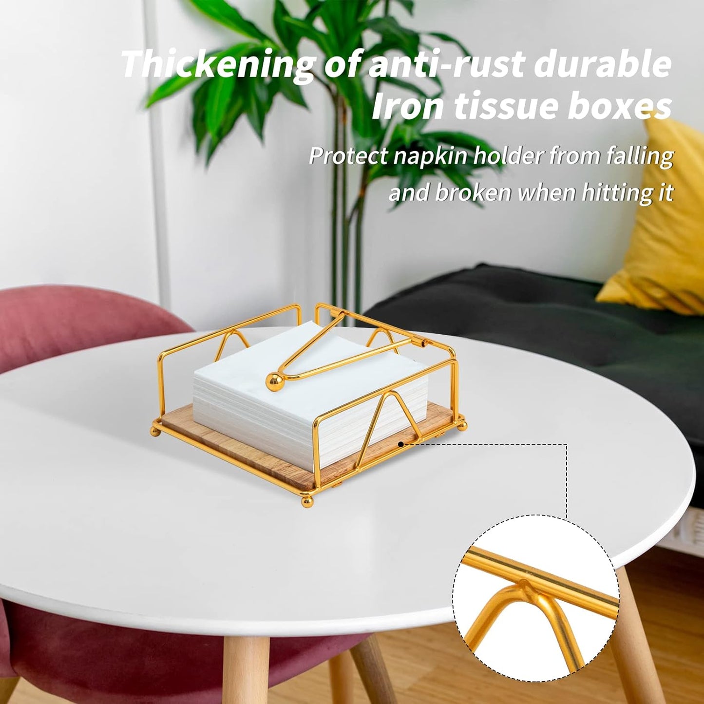 Square Napkin Holder - Durable Table Napkin Dispenser with Weighted Arm, Metal Napkin Storage with Wooden Base, Farmhouse Napkin Holder for Table, Kitchen and Countertops (Gold)