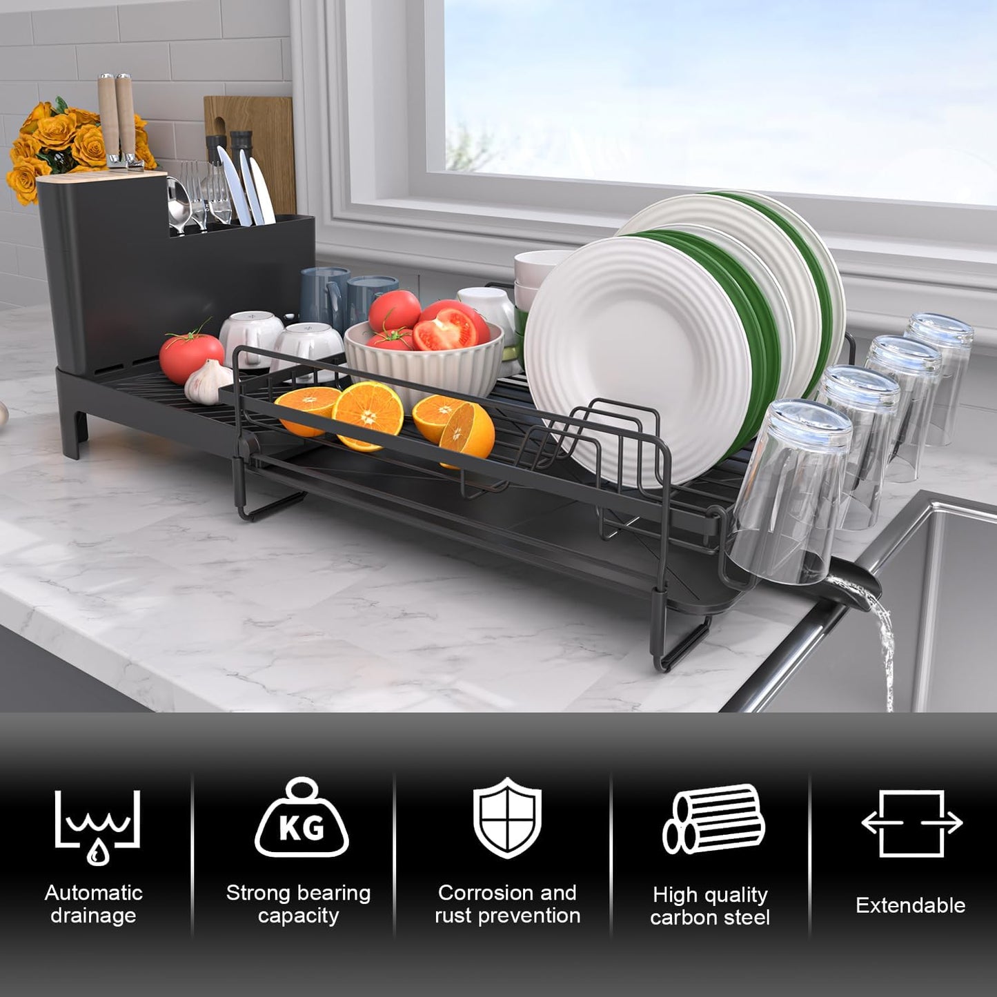 Runnatal Large Detachable Dish Rack with Drainboard Set, Dish Drying Rack Extendable Dish Rack, Utensil Holder, Cup Holder, Expandable Dish Drainer for All Kitchen Counter