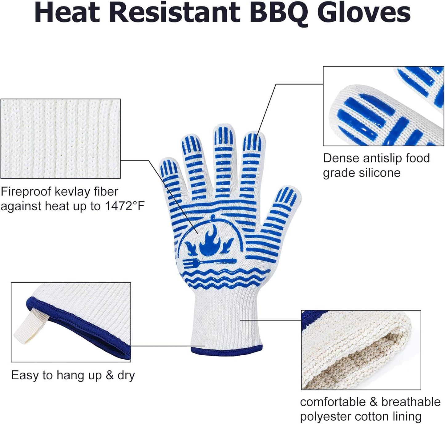 Oven Gloves 1472°F Extreme Heat Resistant BBQ Gloves, Flexible Grill Gloves Non-Slip Food Grade Silicone Oven Mitts for Kitchen, Cooking, Barbecue, Baking, Smoker (11inch)