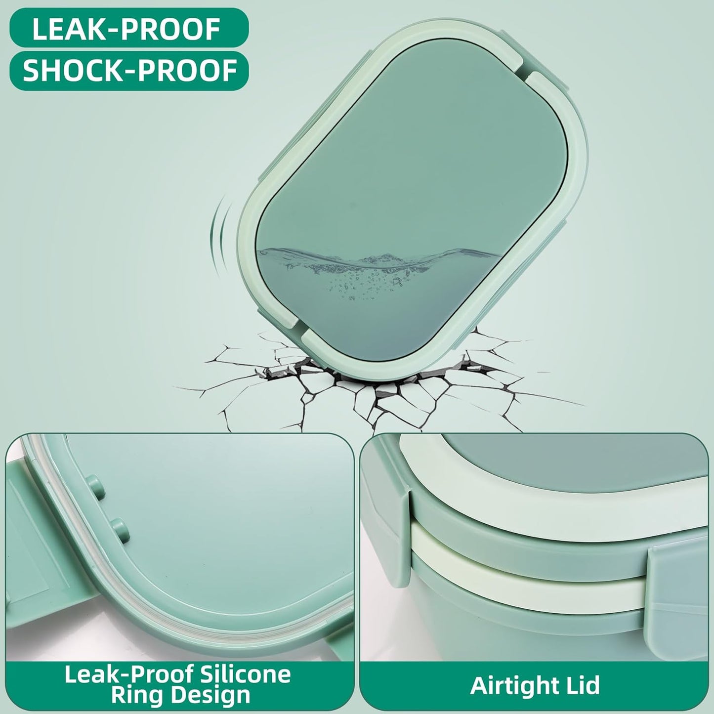 Hidden-Handle Bento Box Adult Lunch Box, Leak-Proof Lunch Containers for Adults & Kids, 2-Layer 5-Compartment 6 Cup with Utensils, Green